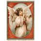 Vintage-style angel artwork showing a winged girl in a cream dress with red sash, playing a trumpet within an ornate red oval frame and decorative border.