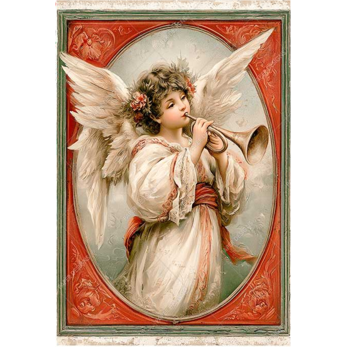 Vintage-style angel artwork showing a winged girl in a cream dress with red sash, playing a trumpet within an ornate red oval frame and decorative border.