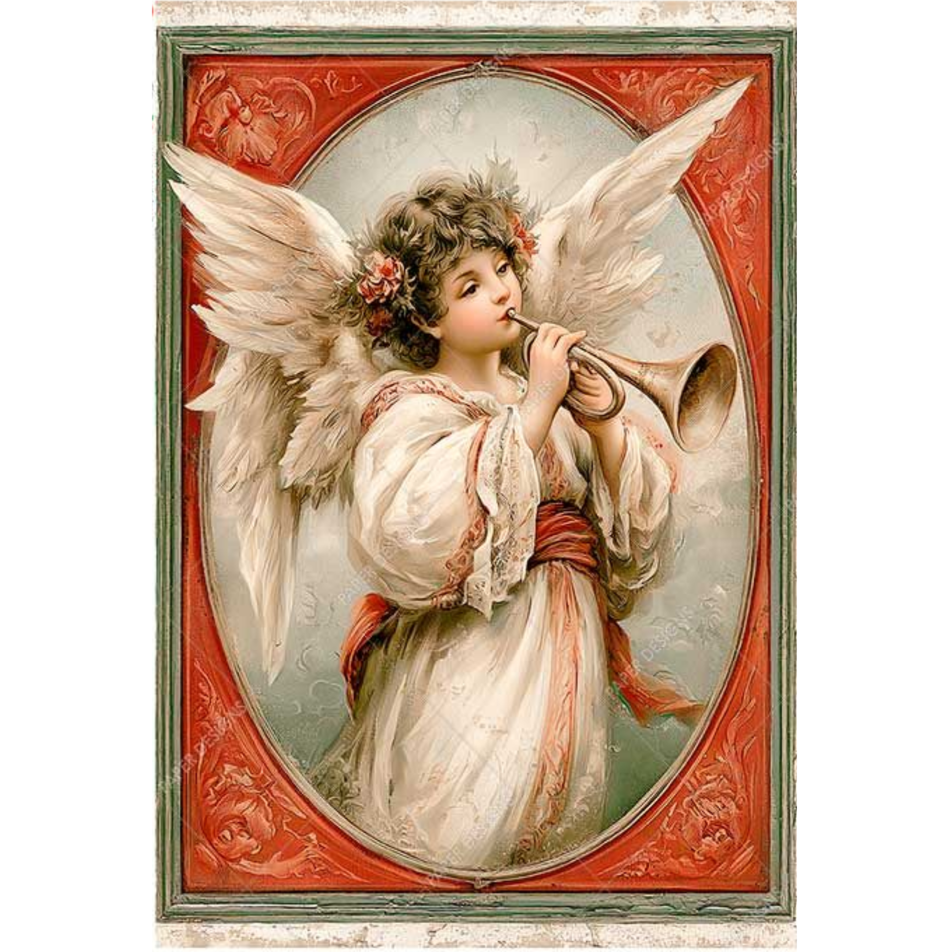 Vintage-style angel artwork showing a winged girl in a cream dress with red sash, playing a trumpet within an ornate red oval frame and decorative border.