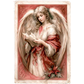Vintage-style angel illustration with large white wings, a white gown, and a red shawl, holding letters. The artwork is framed by a distressed border and set against a plain white background.