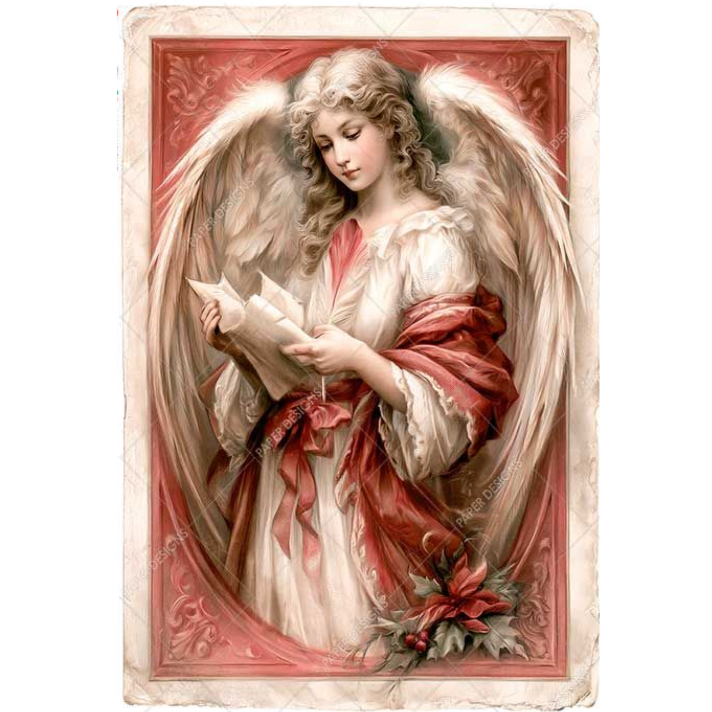 Vintage-style angel illustration with large white wings, a white gown, and a red shawl, holding letters. The artwork is framed by a distressed border and set against a plain white background.