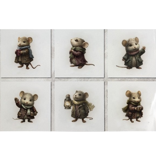 Six illustrations of mice wearing winter clothing in various poses.