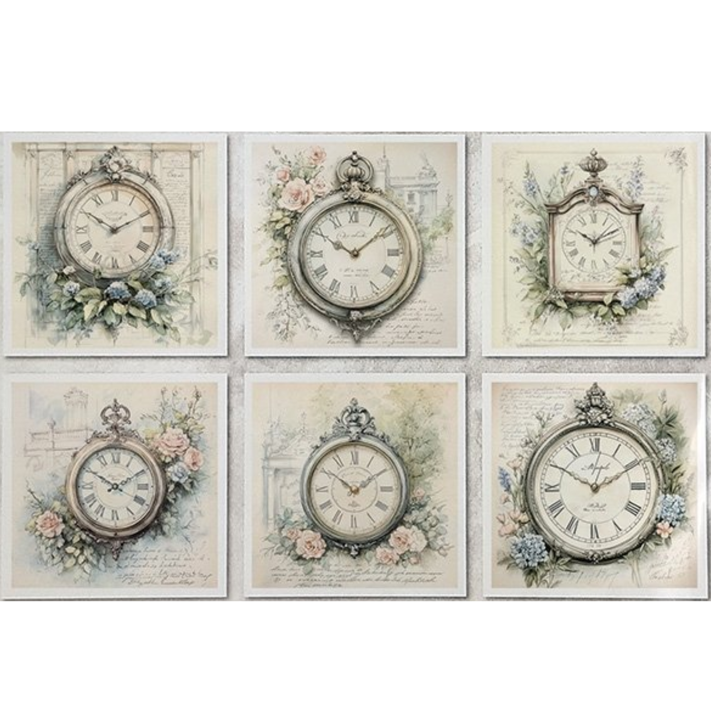 Set of six decorative clock faces with floral and vintage design elements on a white background.