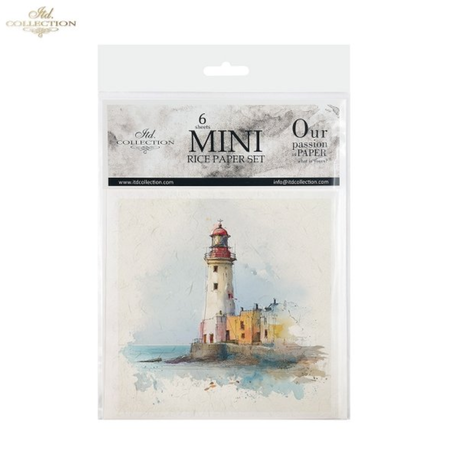 A packaged set of six mini rice papers from ITD Collection. The package cover features a watercolor illustration of a lighthouse on a rocky shore, printed on a textured off-white background.