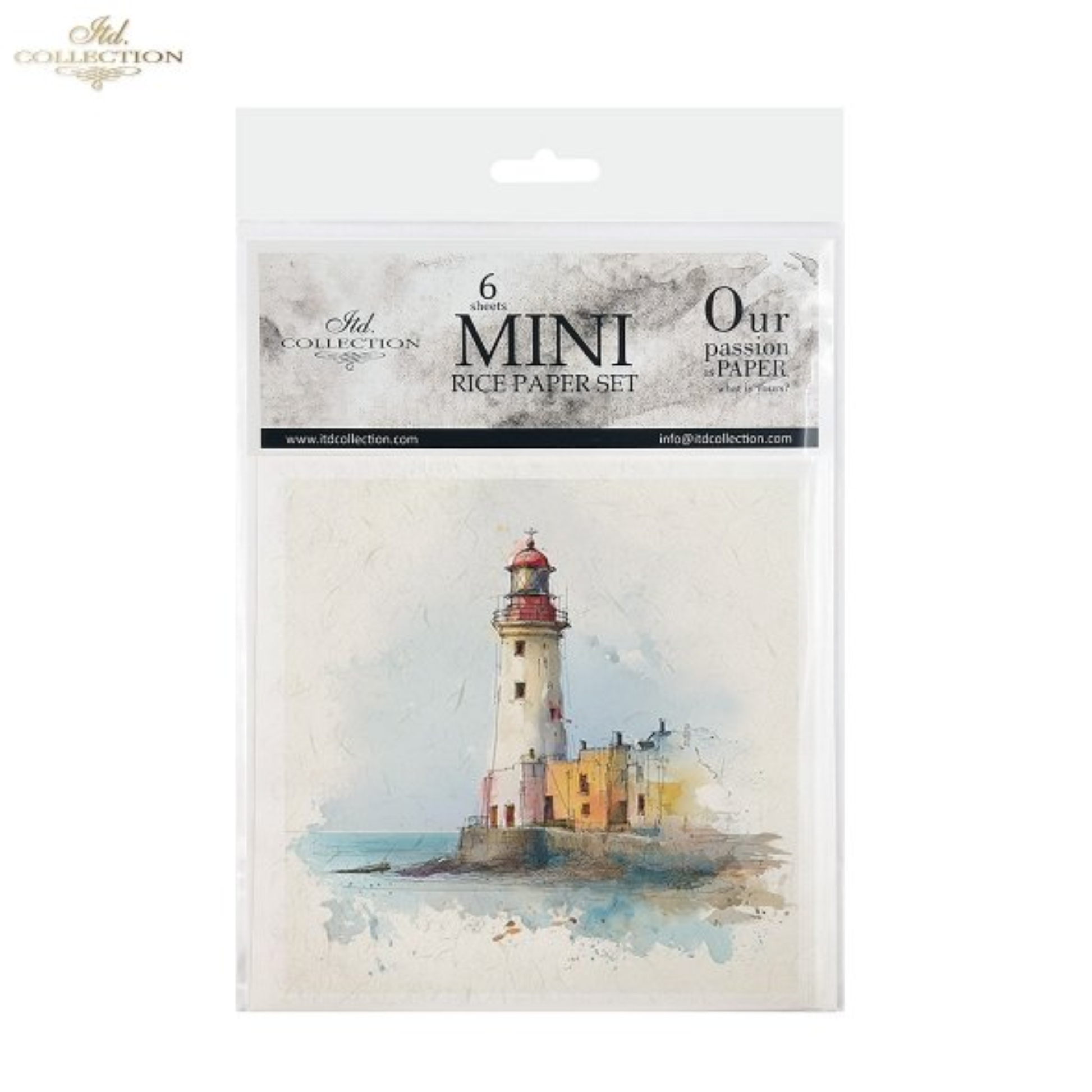 A packaged set of six mini rice papers from ITD Collection. The package cover features a watercolor illustration of a lighthouse on a rocky shore, printed on a textured off-white background.
