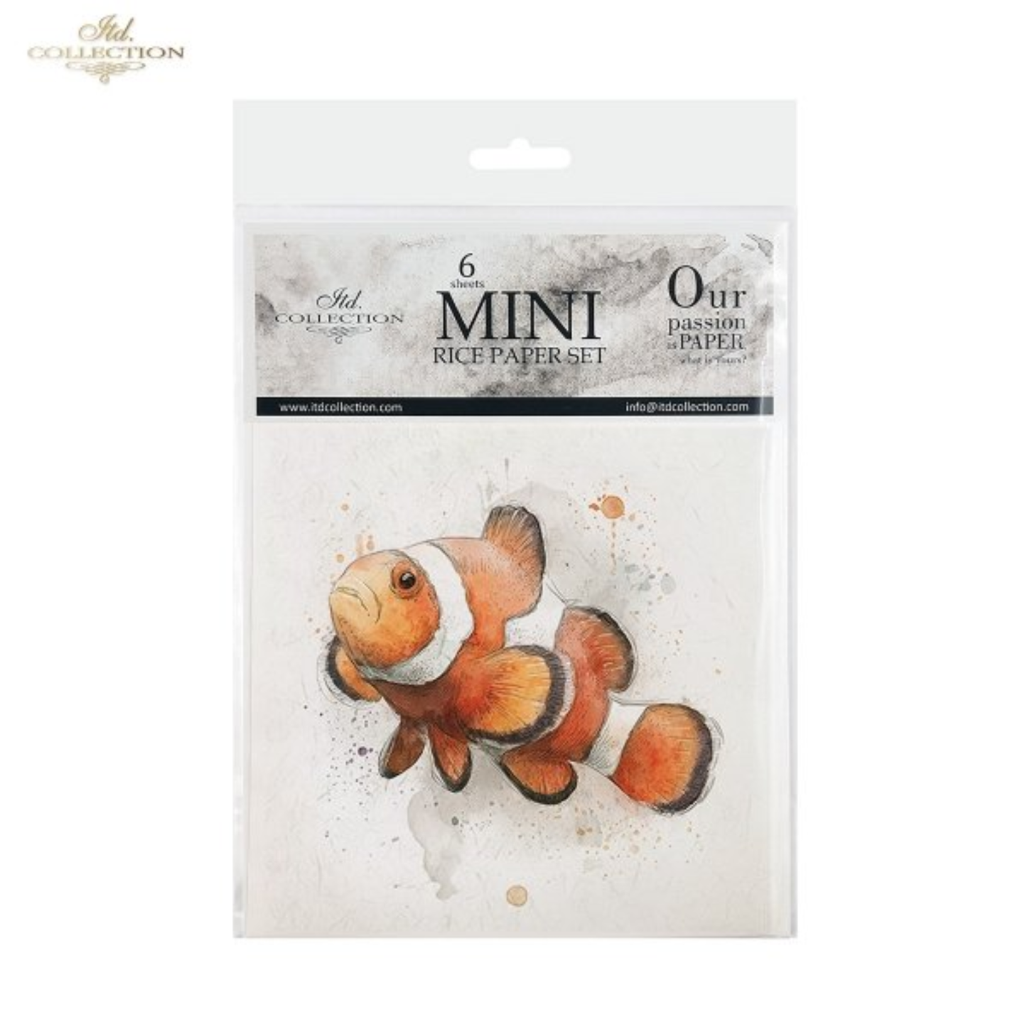 A packaged set of six mini rice papers from ITD Collection, featuring a watercolor illustration of an orange and white clownfish on the front.