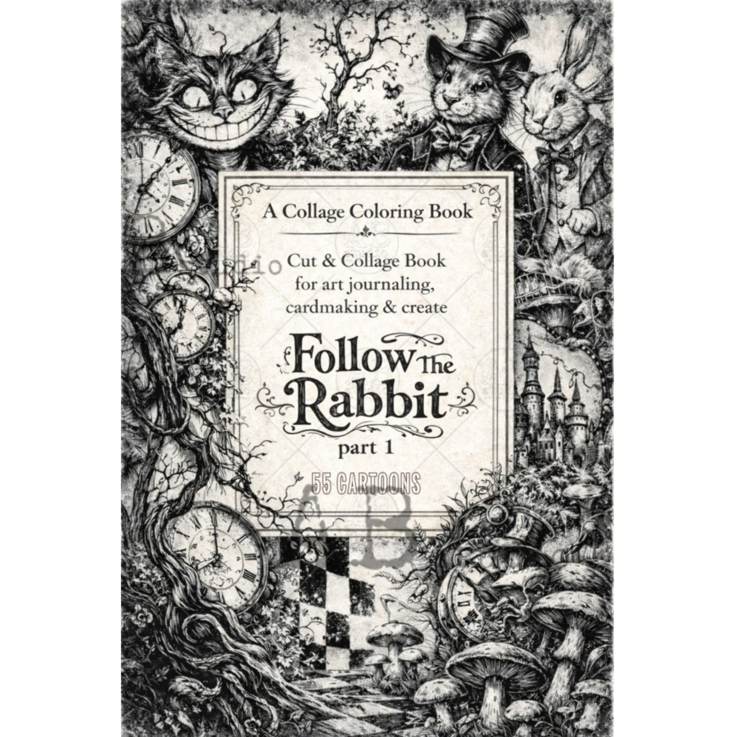 Collage coloring book cover with black and white illustrations and text.