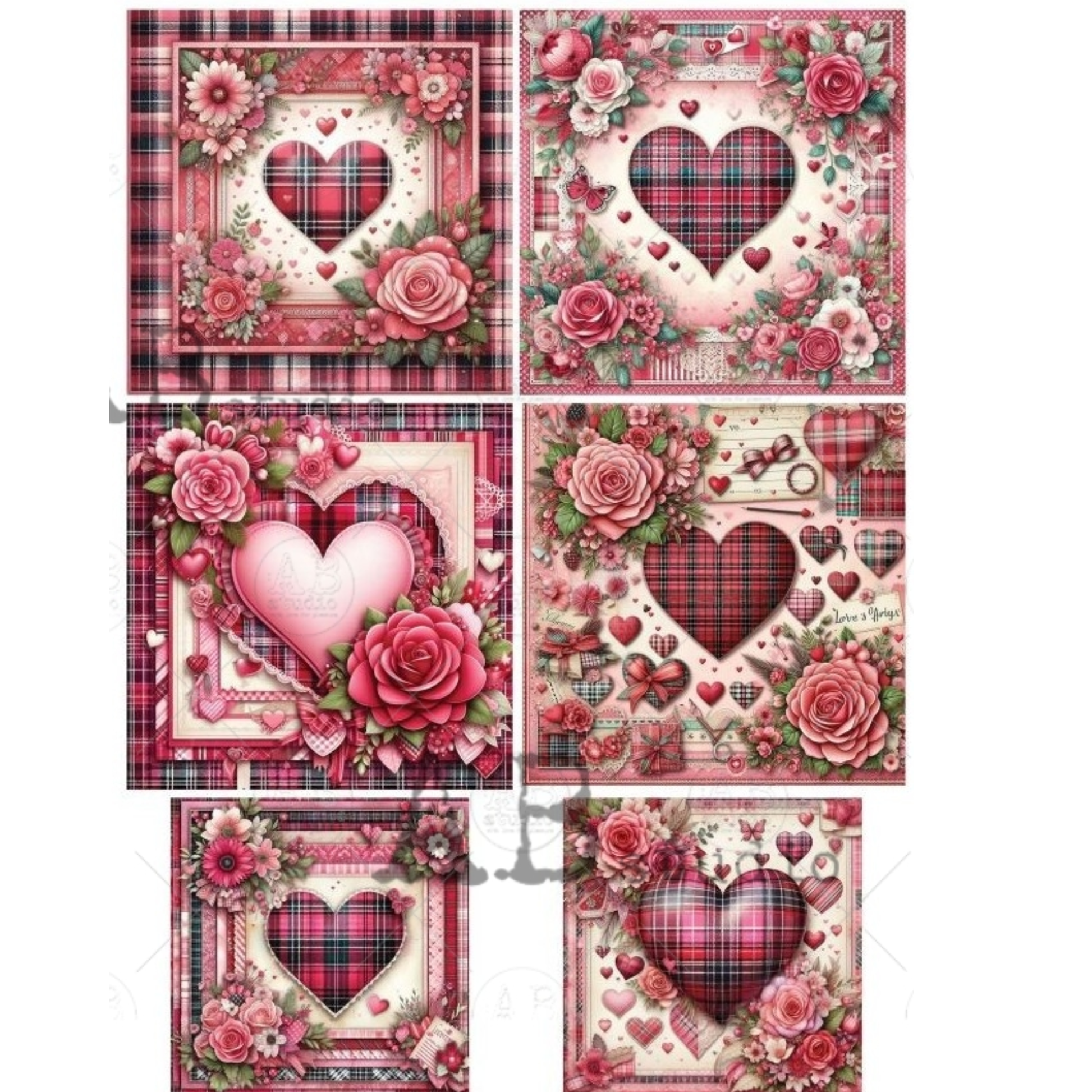 Set of six Valentine's Day-themed images with hearts, roses, and plaid patterns on a white background.