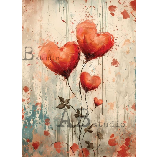 Artistic depiction of heart-shaped balloons with a textured background.