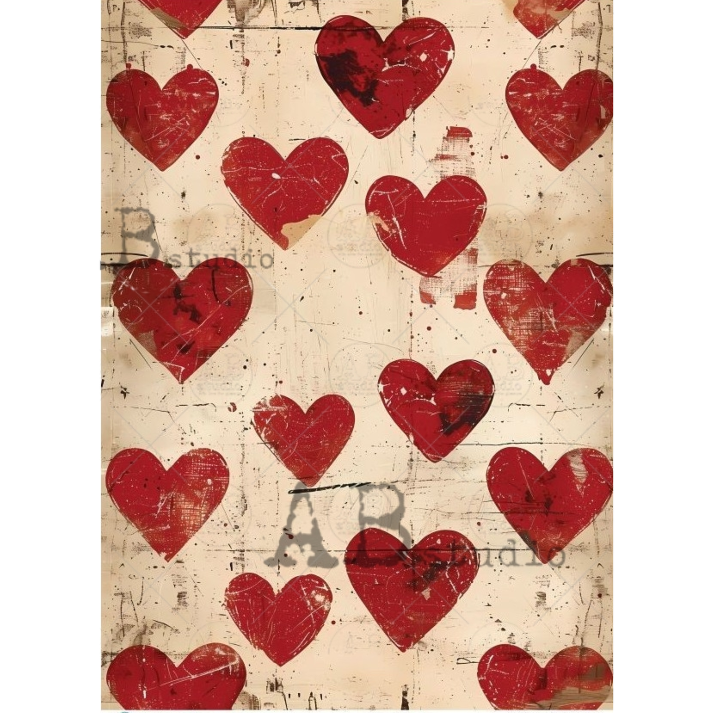 Pattern of red distressed hearts on a textured beige background.
