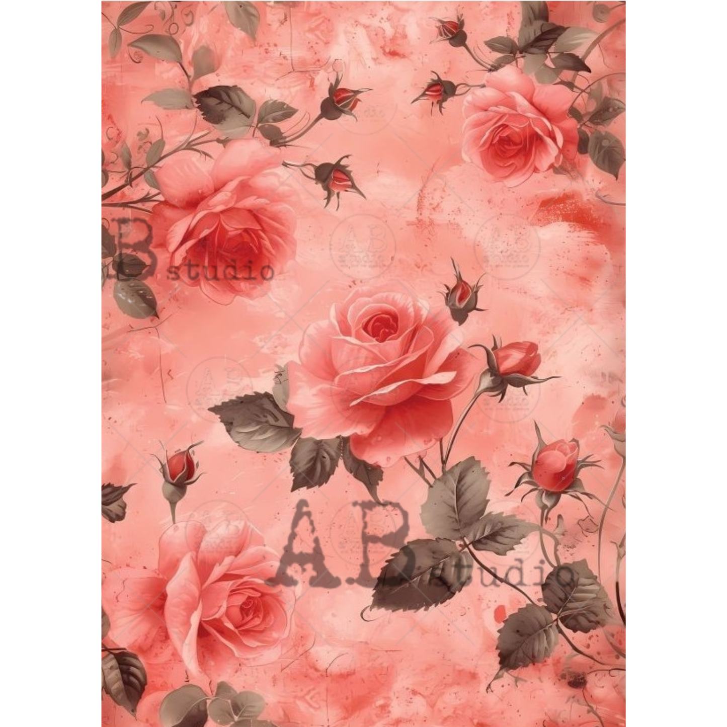 Floral pattern with pink roses and green leaves on a pink background.