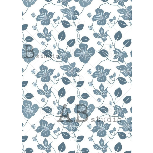 Blue floral pattern on a white background.