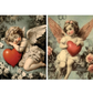 Two vintage-style illustrations of cherubs holding hearts with floral backgrounds.