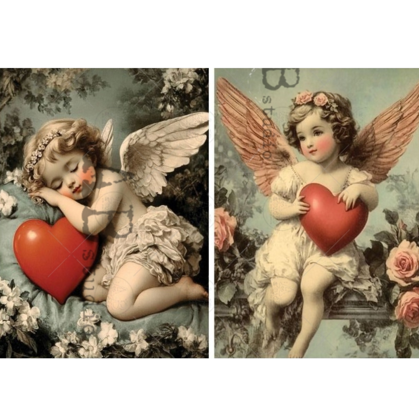 Two vintage-style illustrations of cherubs holding hearts with floral backgrounds.