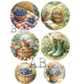 Set of circular illustrations featuring nature-themed spring scenes with baskets, blueberries, and a squirrel.