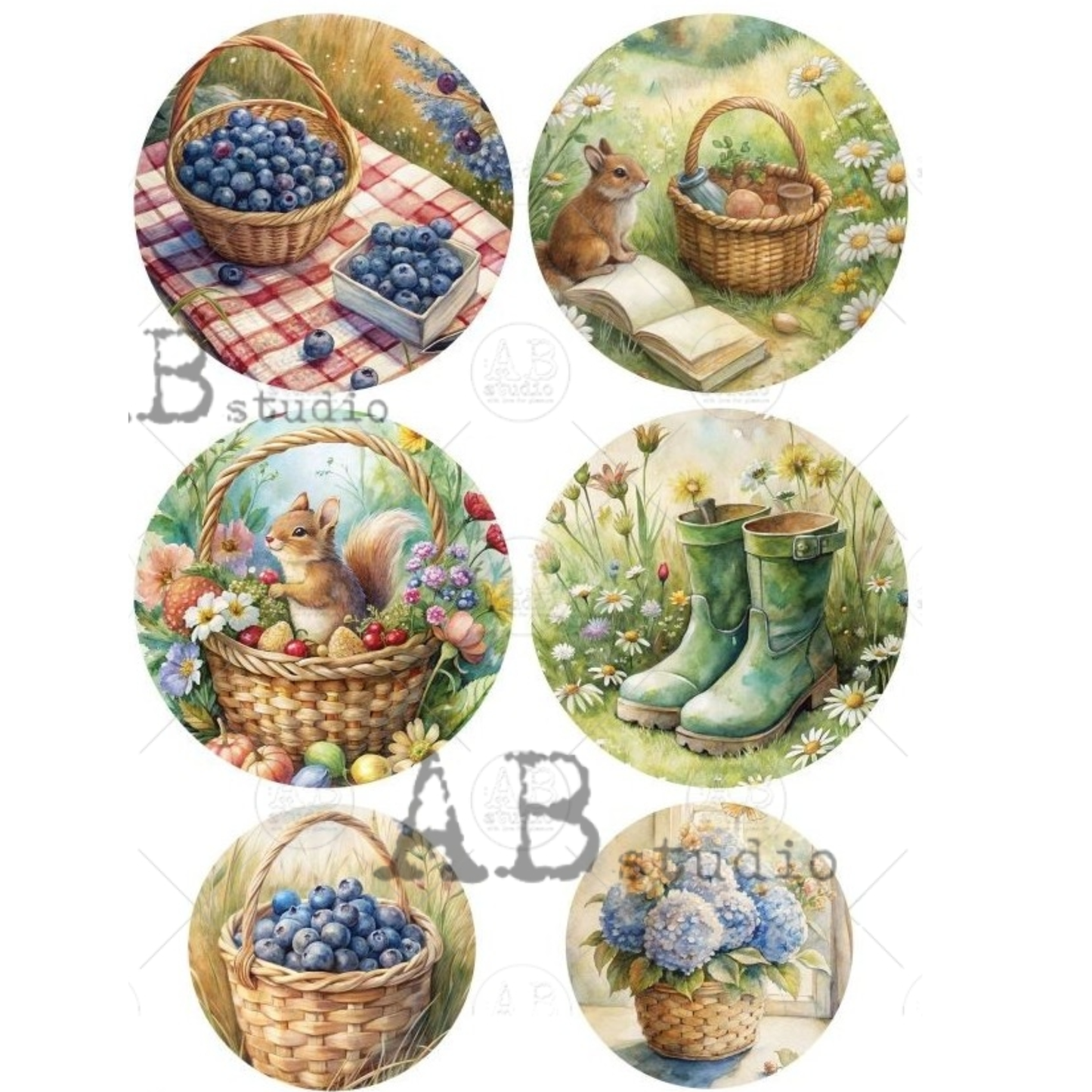 Set of circular illustrations featuring nature-themed spring scenes with baskets, blueberries, and a squirrel.