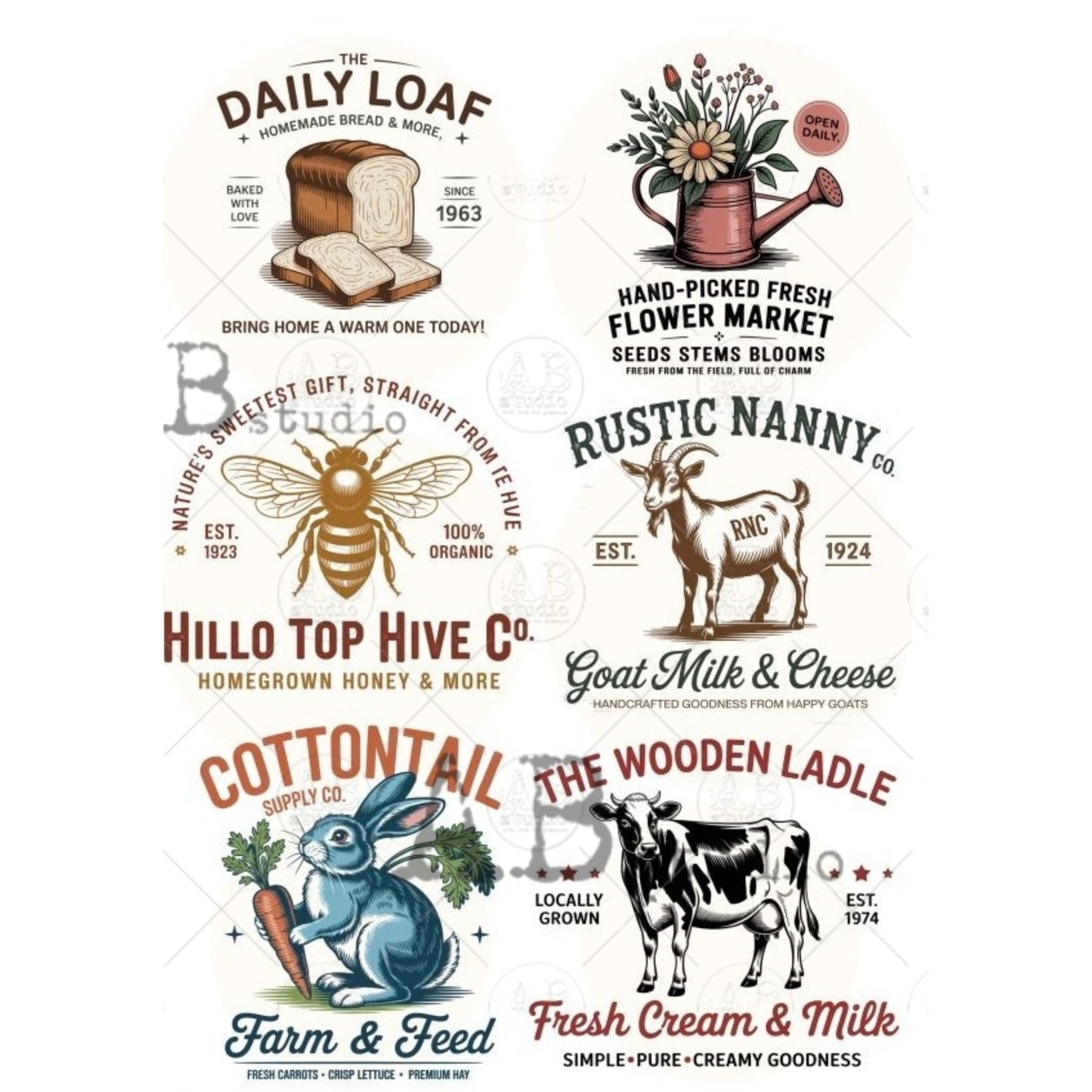 Collection of rustic and farm-themed logos with animals and text on a white background.
