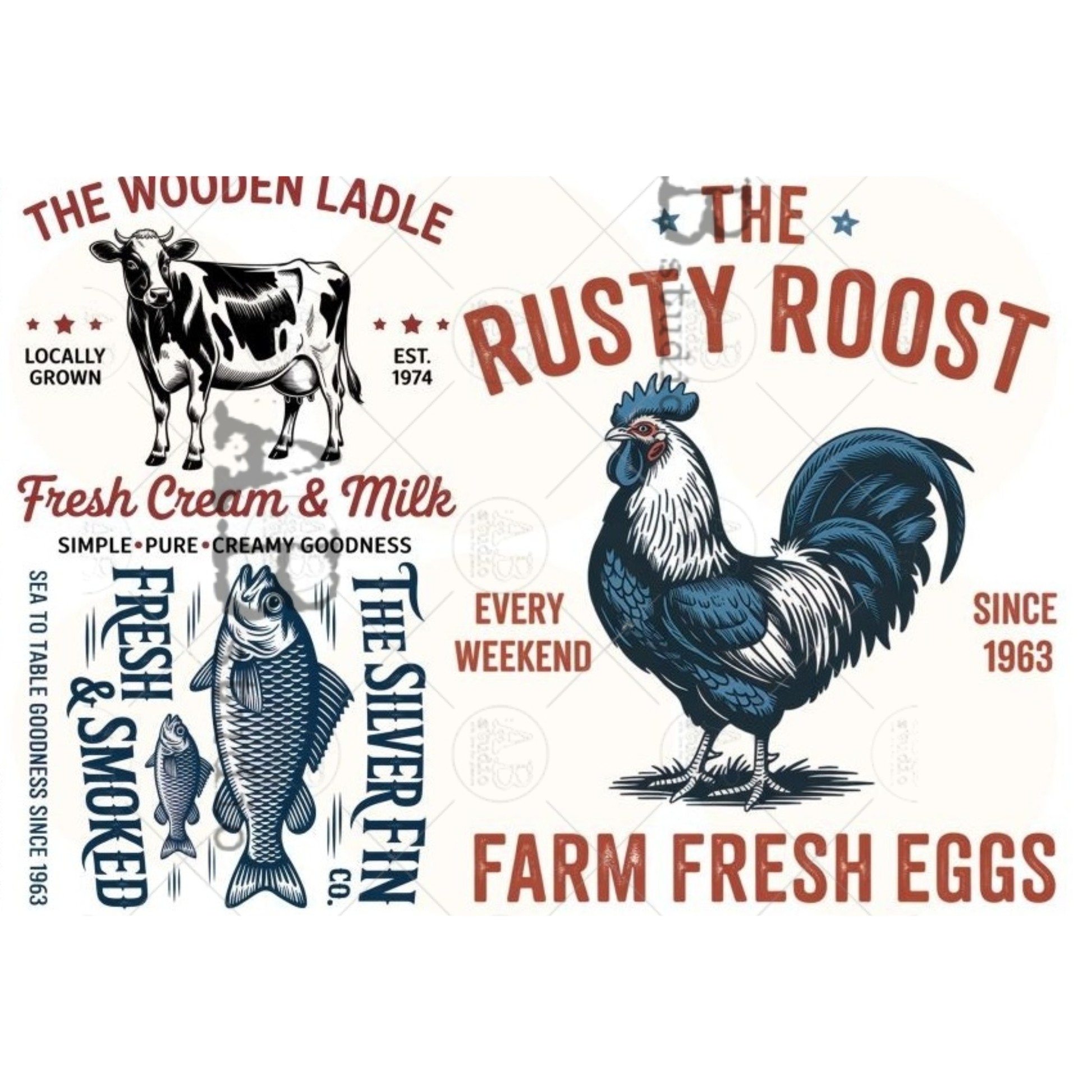 Collection of farm-themed logos with a cow, rooster, fish, and text on a white background.