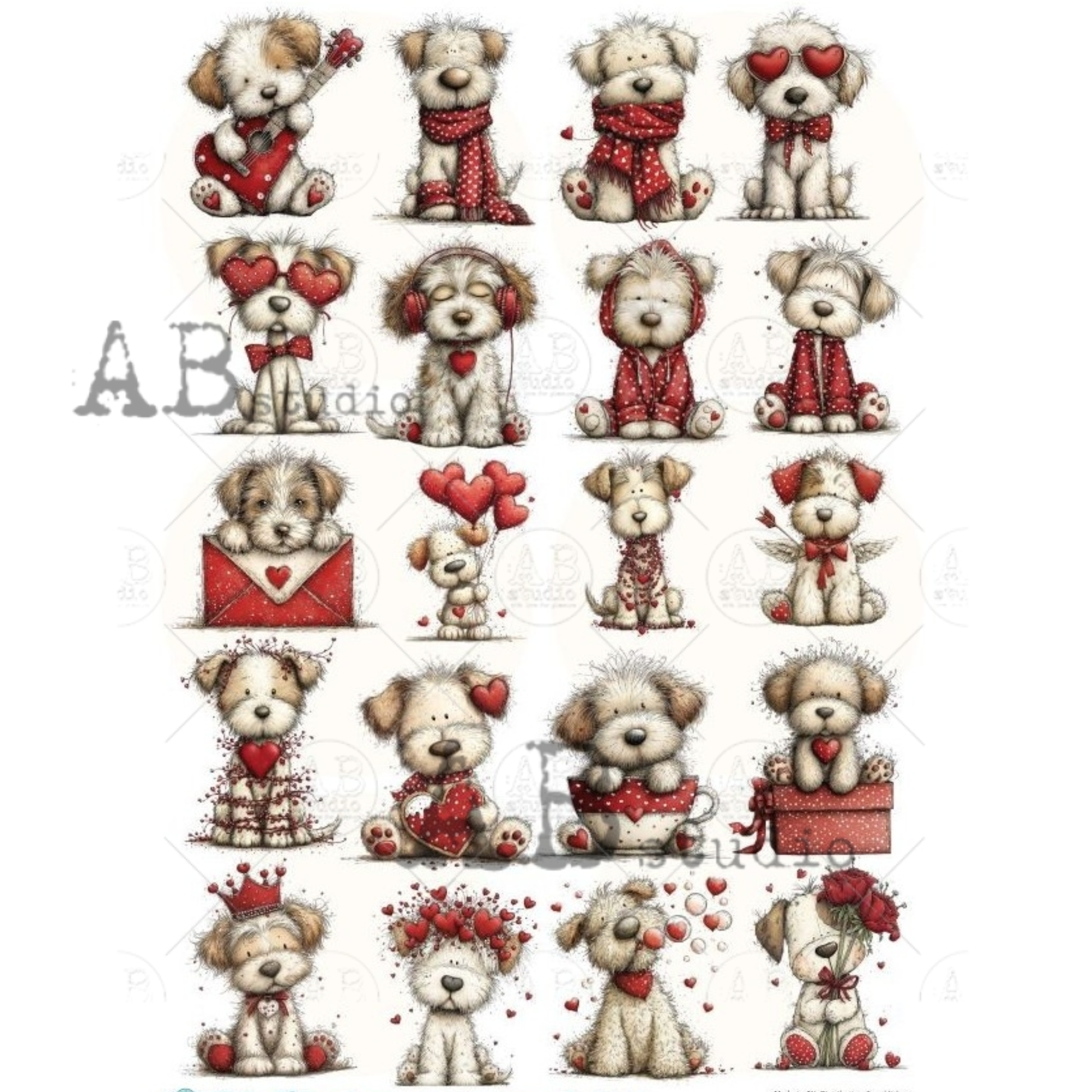 Collection of sixteen cute dog illustrations with Valentine's Day-themed accessories on a white background.