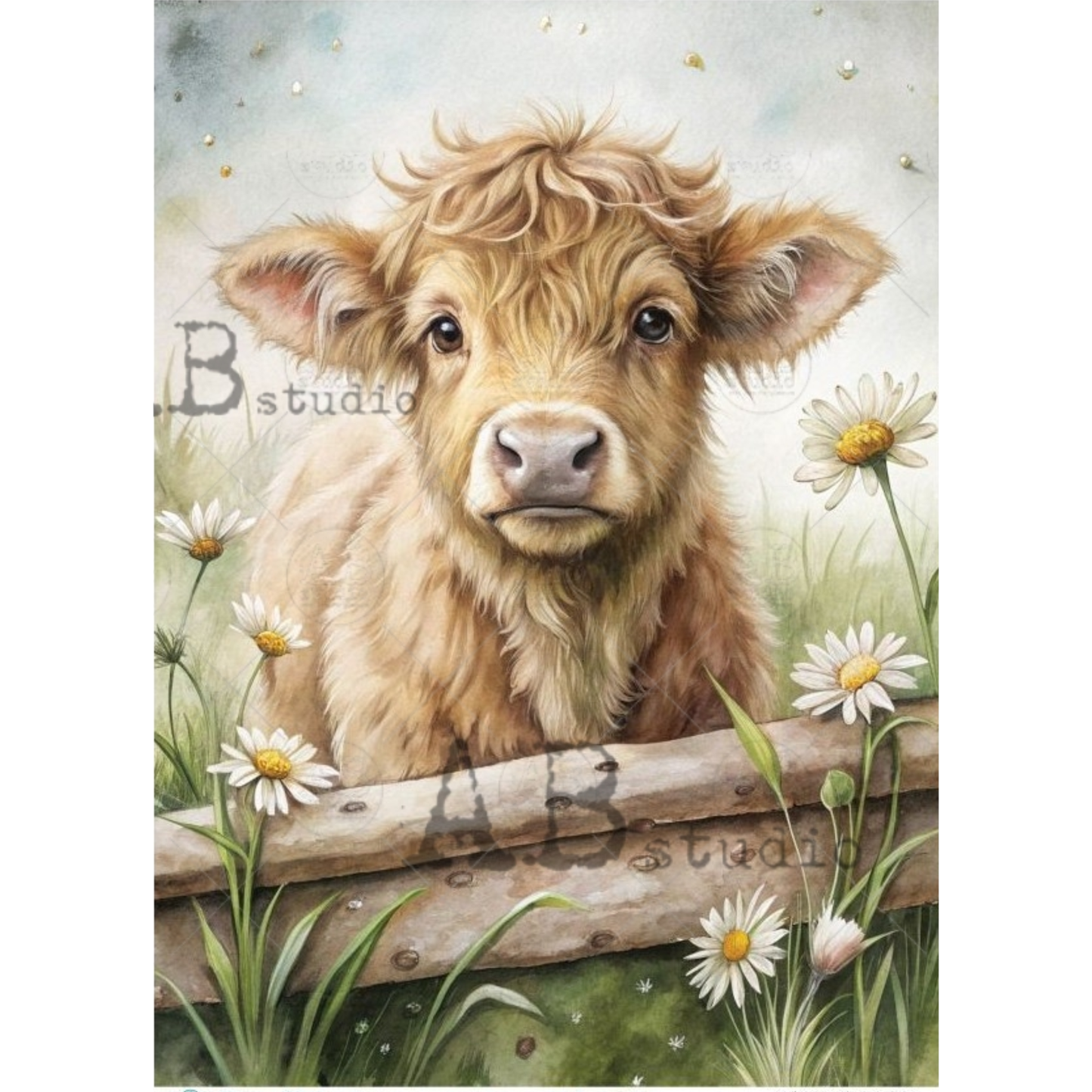 Illustration of a calf with daisies in a field.
