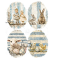 Collage of children, animals, and Easter elements on a blue and white egg shaped striped background.