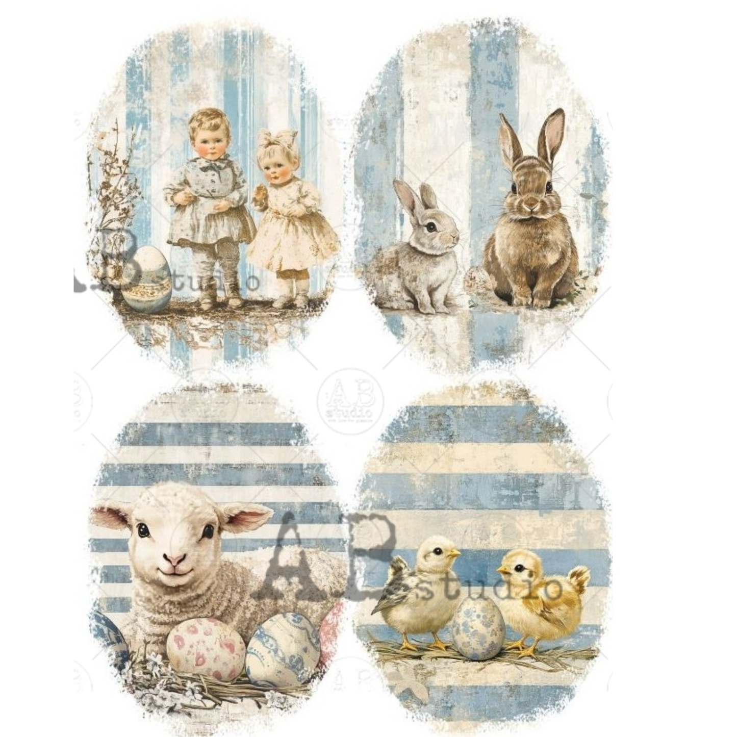 Collage of children, animals, and Easter elements on a blue and white egg shaped striped background.