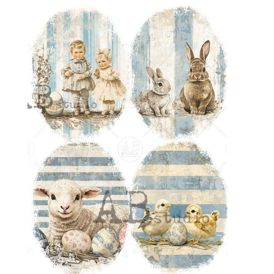 Collage of children, animals, and Easter elements on a blue and white egg shaped striped background.