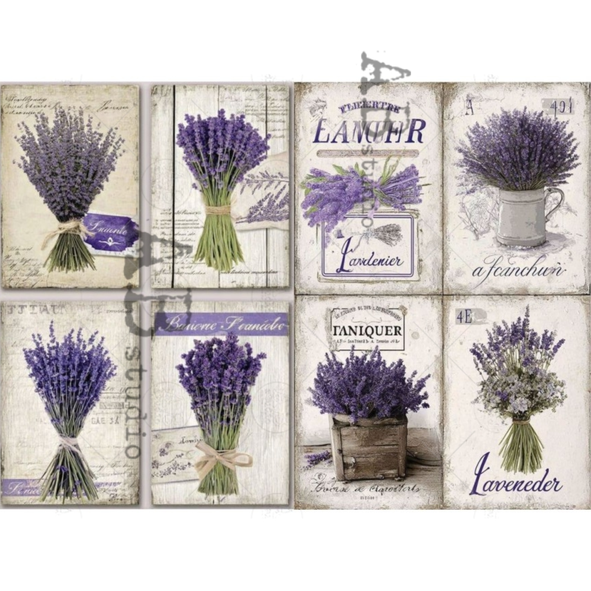 Set of lavender-themed tag sized designs with text and illustrations on a wooden background.