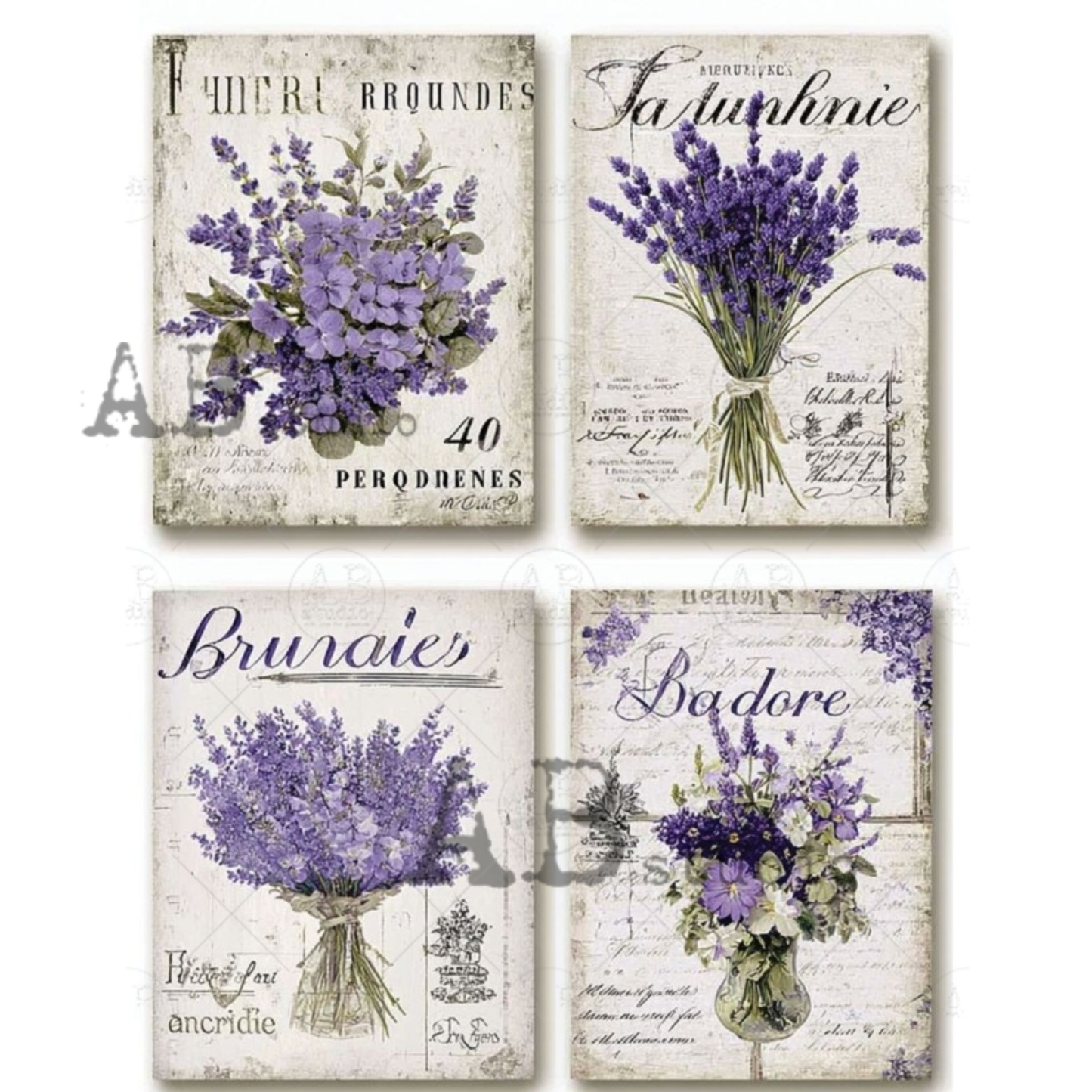 Set of 4 designs with bundles of lavender with french text.
