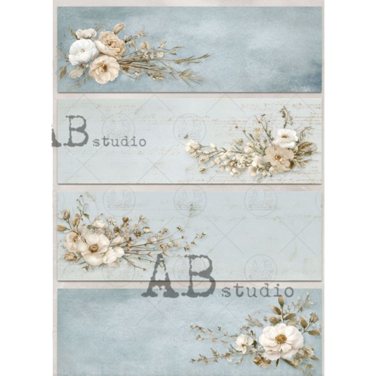 Set of 4 horizonal bookmark sized tag imags with white florals on a blue background.