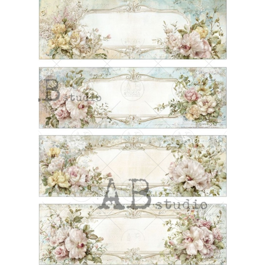 Set of 4 decorative bookmark tags with pink forals and blank labels.