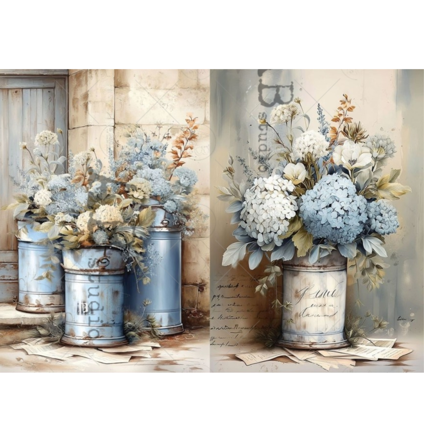 Two images of hydrangea floral arrangements in metal cans with a rustic background.