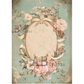 Decorative vintage-style design with floral elements and an oval frame on a light blue background.