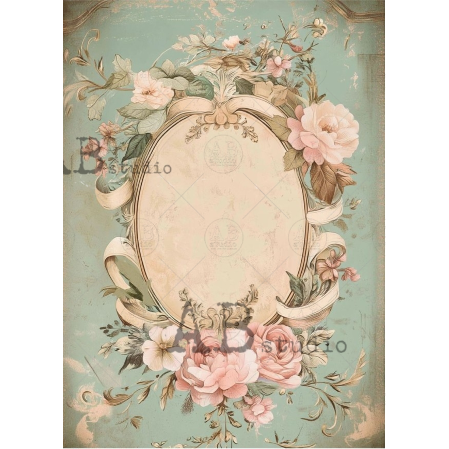 Decorative vintage-style design with floral elements and an oval frame on a light blue background.