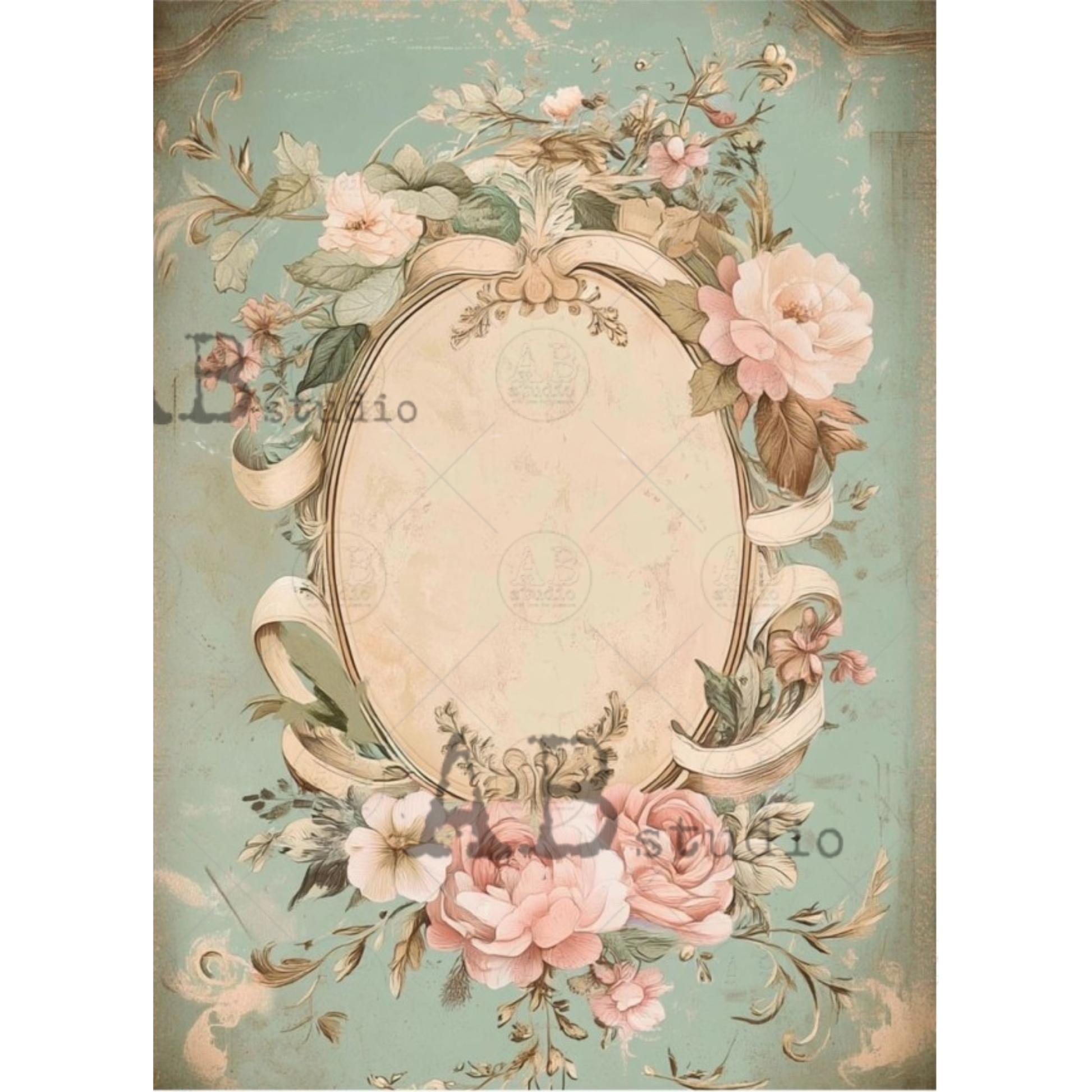 Decorative vintage-style design with floral elements and an oval frame on a light blue background.