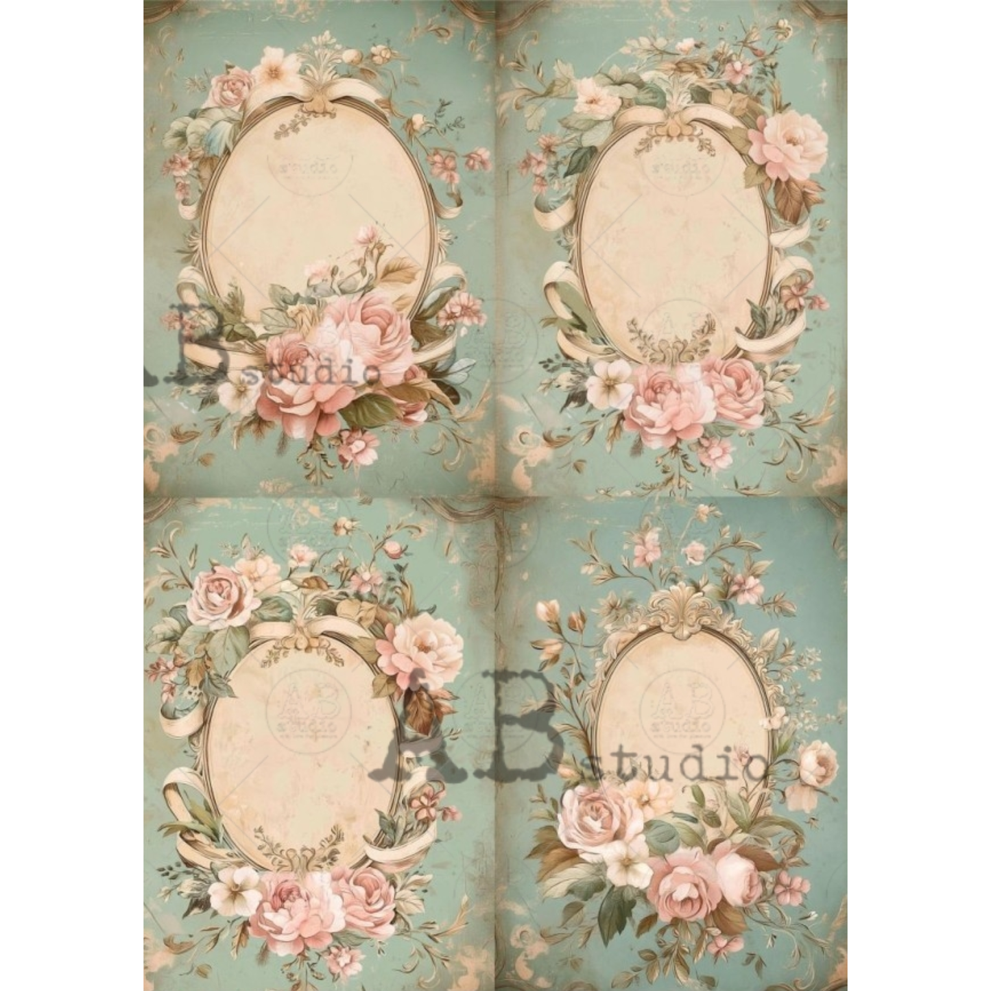 Four images of vintage style frames with floral elements on an aqua background.