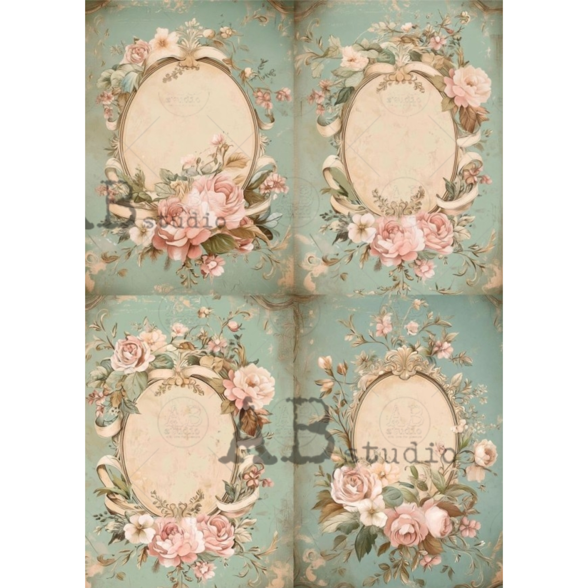 Four images of vintage style frames with floral elements on an aqua background.