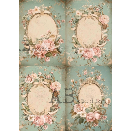 Four images of vintage style frames with floral elements on an aqua background.