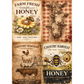Vintage-style honey and farm product labels with cows, bees, and flowers.