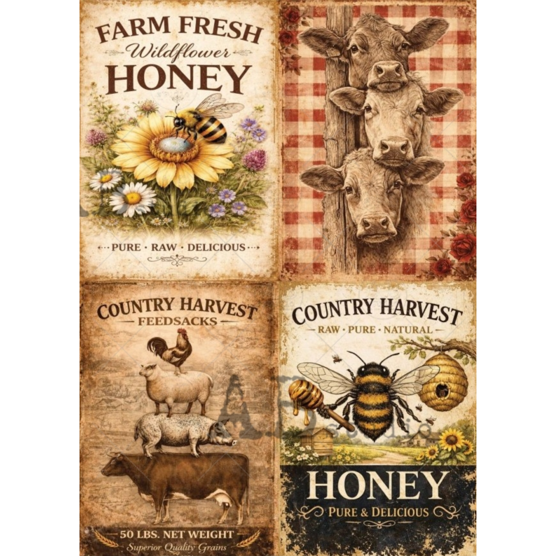 Vintage-style honey and farm product labels with cows, bees, and flowers.