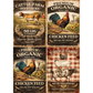 Set of four vintage-style farm feed sack labels featuring cattle, chickens, and roosters.