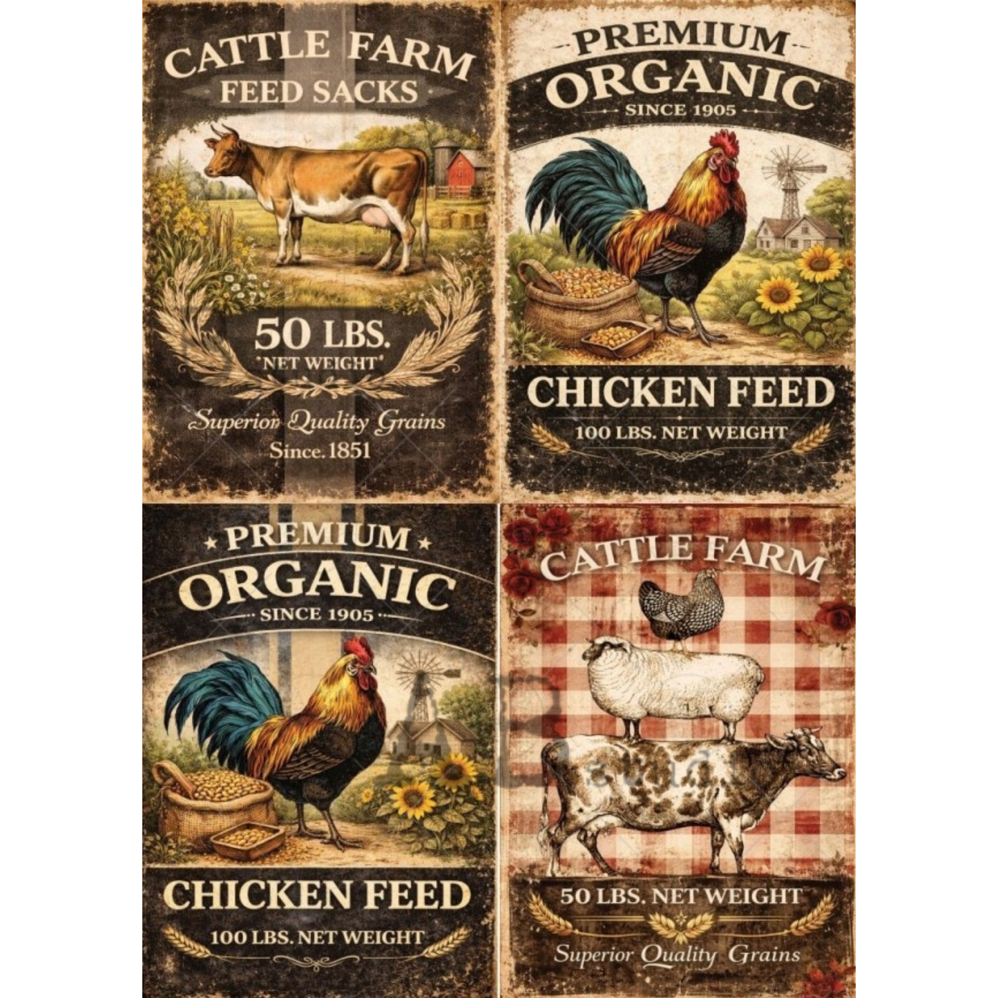 Set of four vintage-style farm feed sack labels featuring cattle, chickens, and roosters.