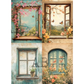 Collage of four window scenes with flowers and butterflies.