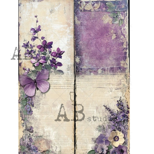 Decorative paper with purple flowers and butterflies on a textured background.