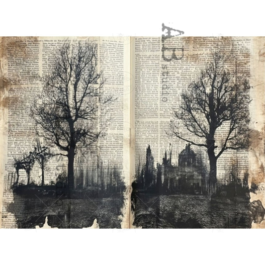 The artwork is based on aged, yellowed book pages with black tree silhouettes and dark gothic cityscape silhouettes.