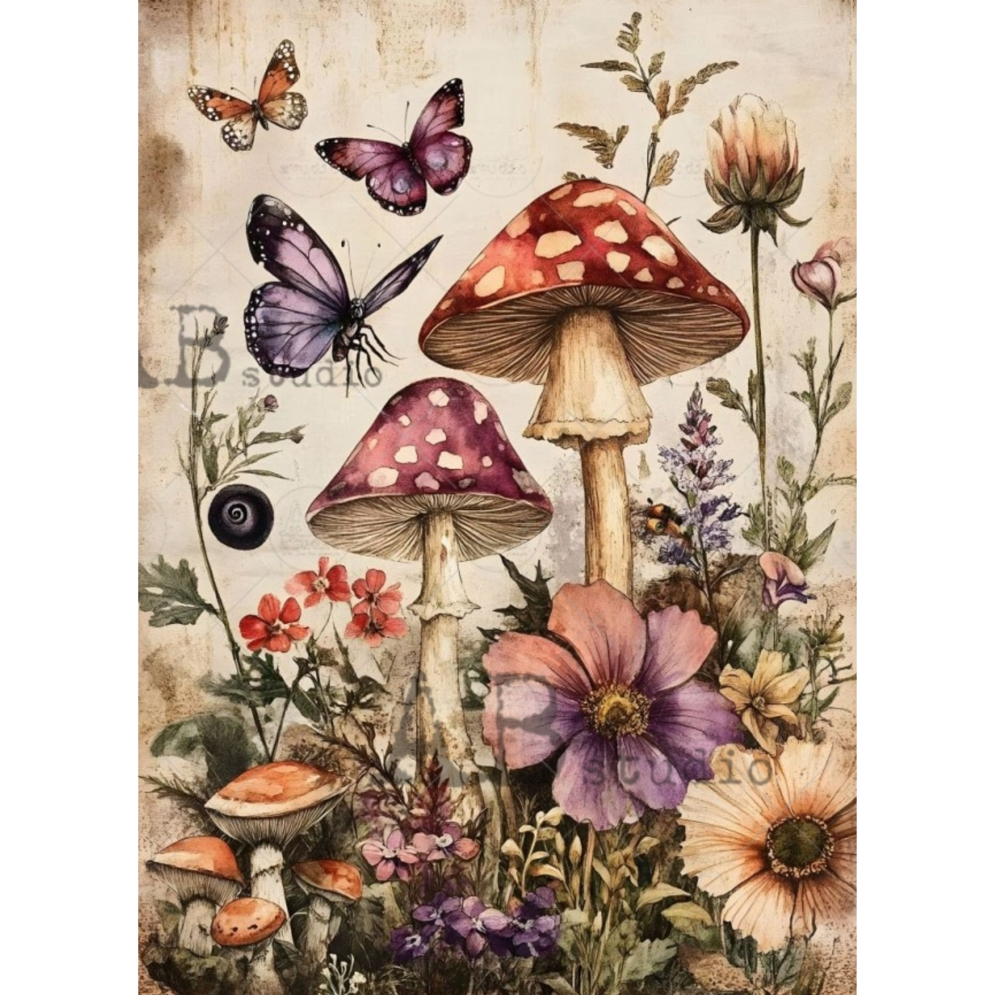Vintage-style botanical illustration featuring red and purple mushrooms, butterflies, flowers, and foliage on a distressed cream background.