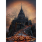 A Halloween-themed fantasy scene showing a dark gothic castle on a rocky hill under a warm orange sky, with a staircase leading down to three glowing jack-o'-lantern pumpkins in the foreground among fallen leaves.