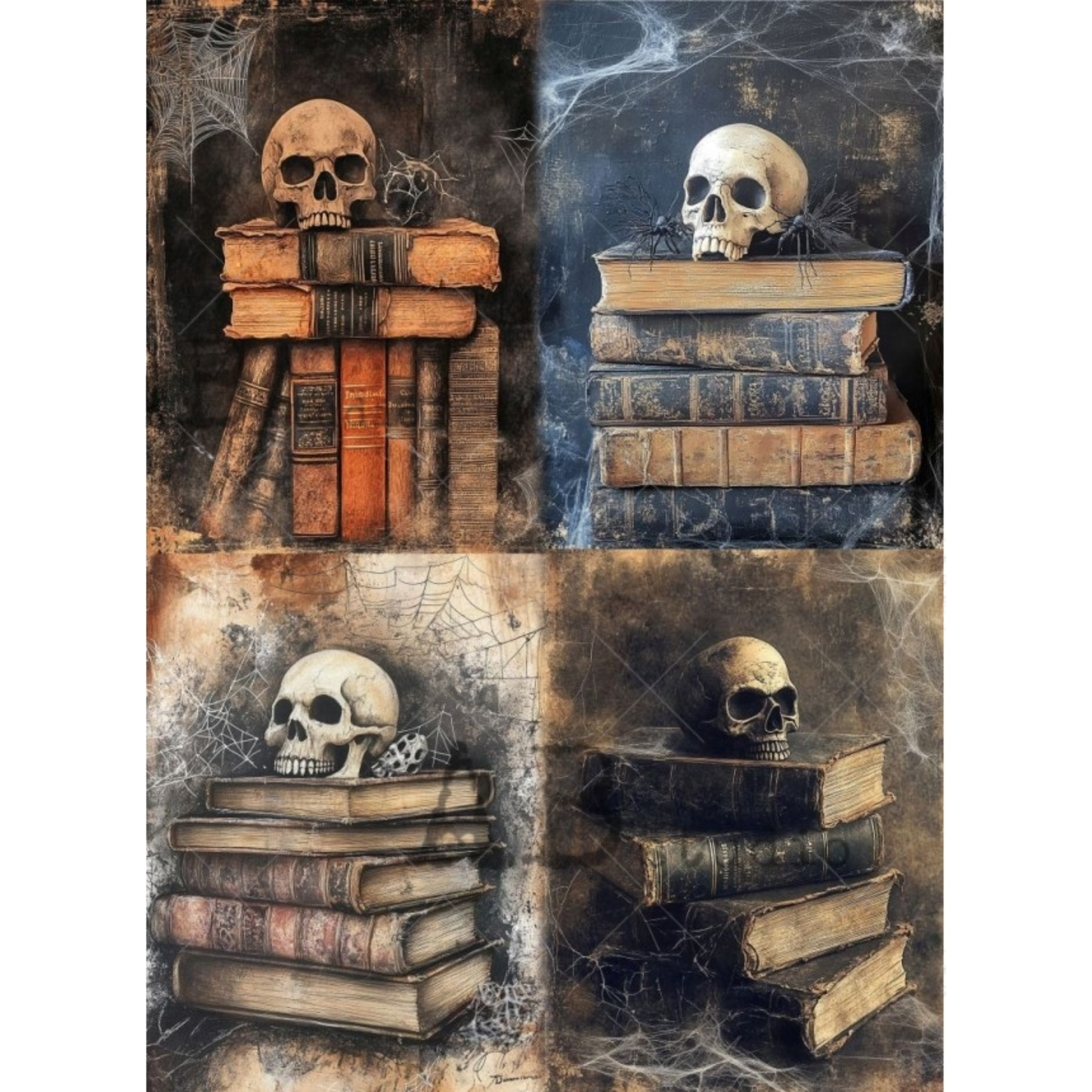 A collage of four gothic-style still life scenes featuring skulls resting on stacks of old books, with cobwebs and a dark textured background.