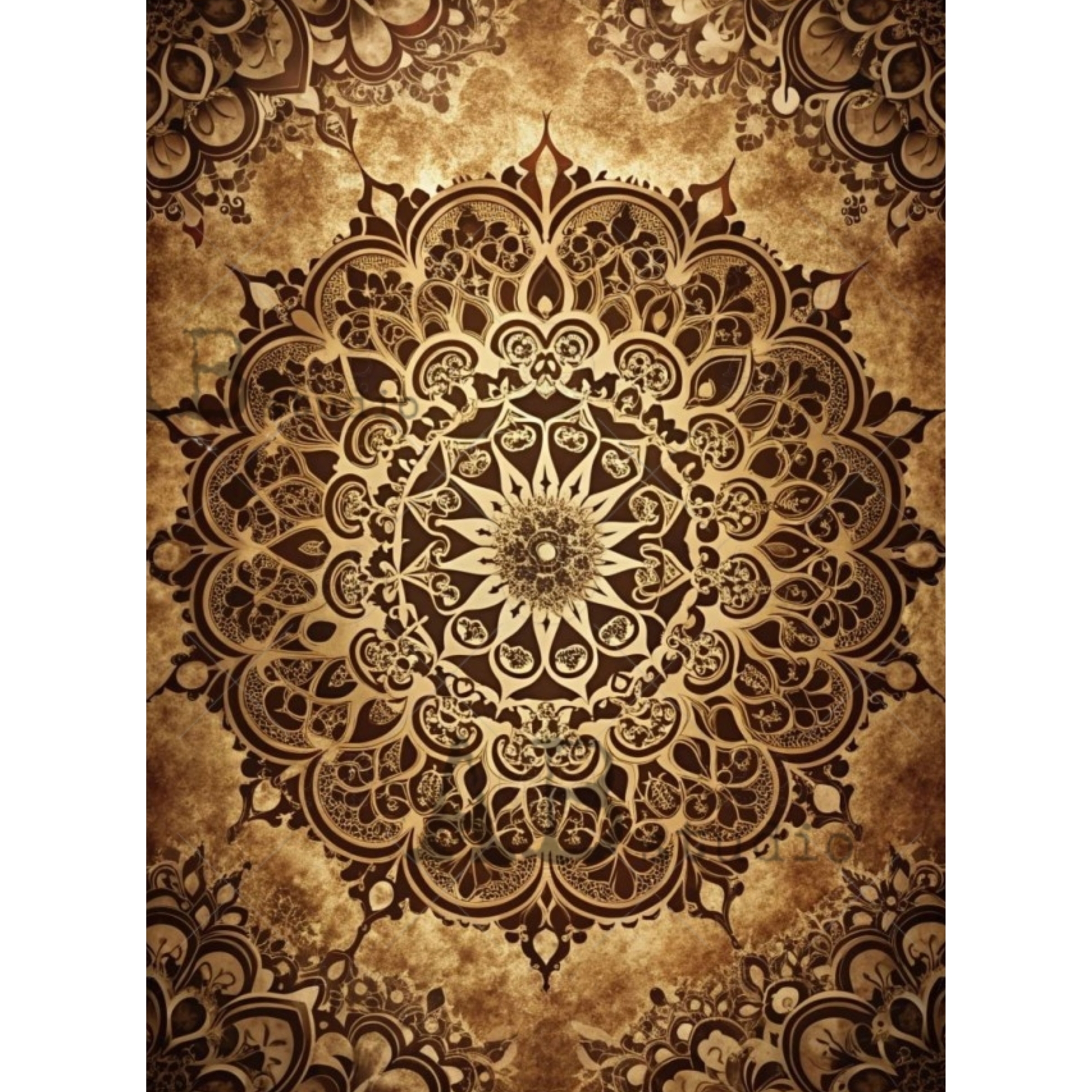 An ornate symmetrical mandala-style pattern in warm brown and beige tones.