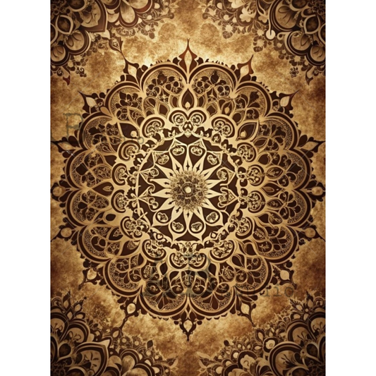 An ornate symmetrical mandala-style pattern in warm brown and beige tones.
